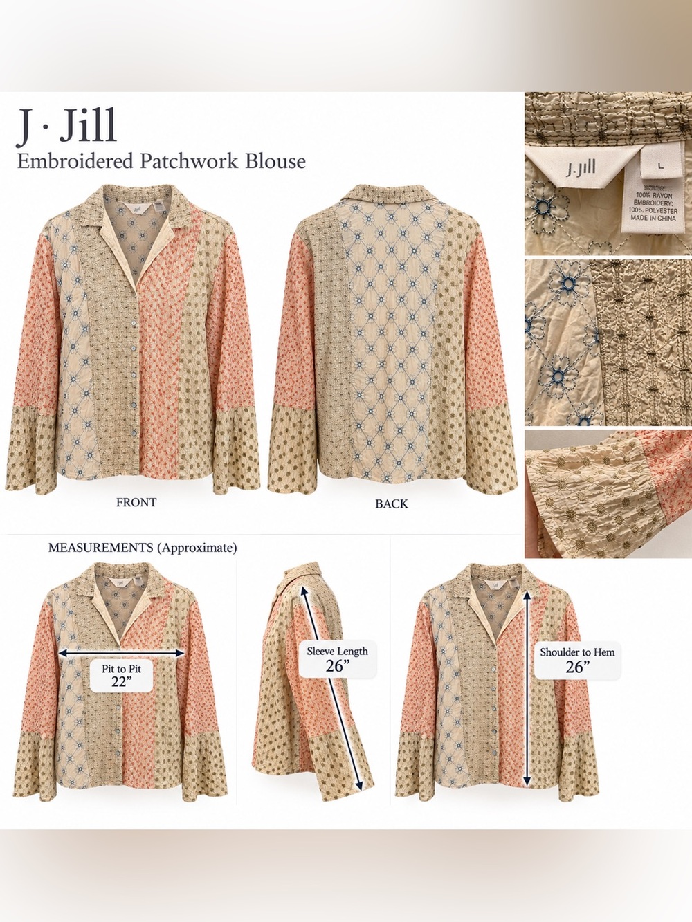 J. Jill Embroidered Patchwork Jacket in Beige and Peach Large - like new